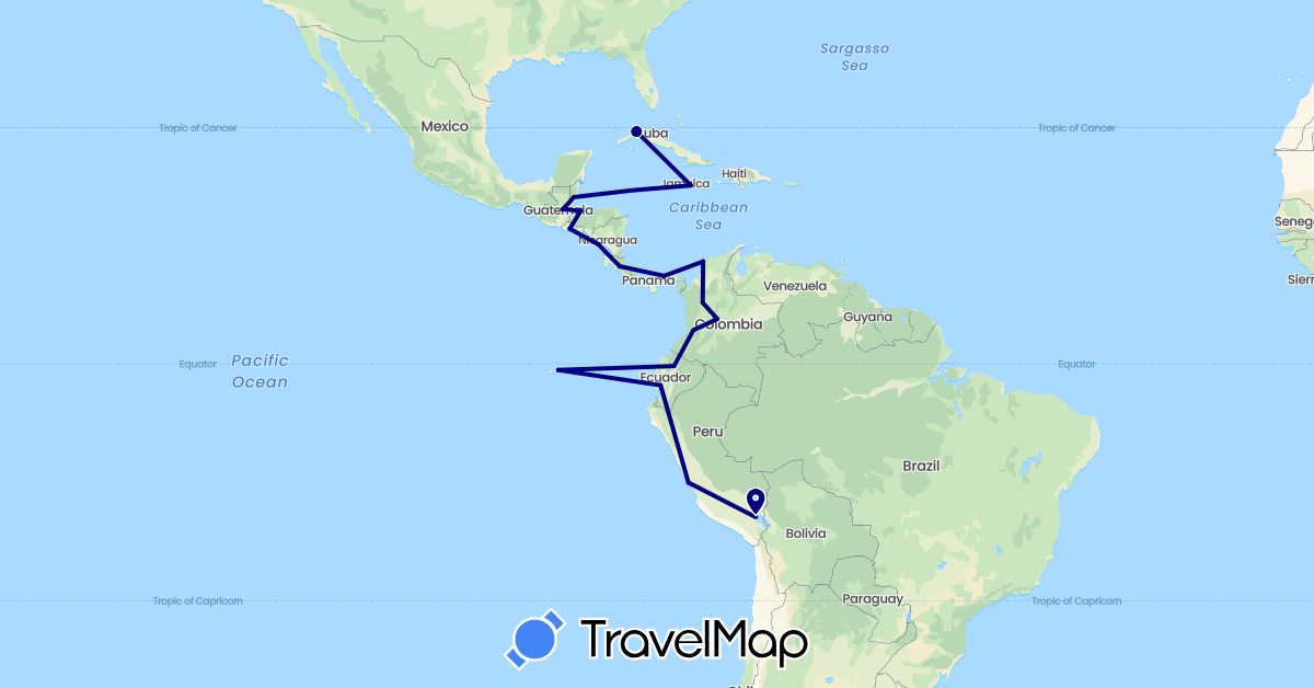TravelMap itinerary: driving in Belize, Colombia, Costa Rica, Cuba, Ecuador, Guatemala, Honduras, Jamaica, Nicaragua, Panama, Peru, El Salvador (North America, South America)